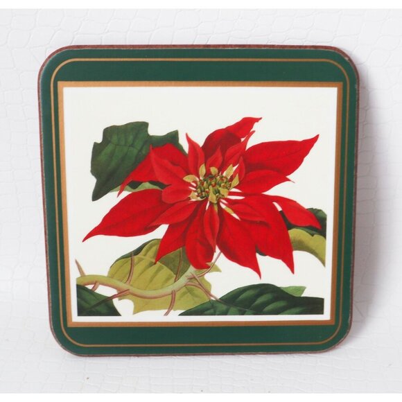 6 Vintage Pimpernel Poinsettia Christmas Coasters w/ box Barware Cork Backing - Picture 2 of 5